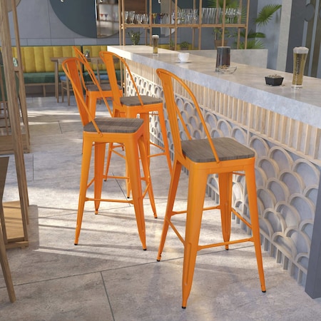 Flash Furniture Orange Metal Barstool with Back and Wood Seat, 30" High, PK4 4-CH-31320-30GB-OR-WD-GG